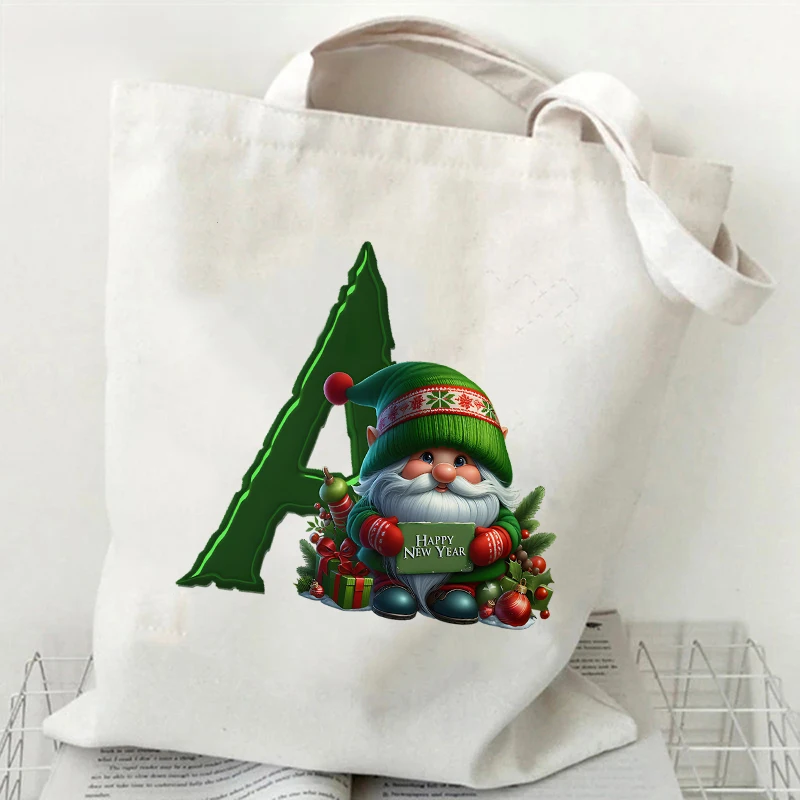 موضة A-Z 26 رسالة حقائب النساء الأخضر سانتا كلوز الرسم قماش حمل حقيبة تسوق حقائب كتف سعة كبيرة