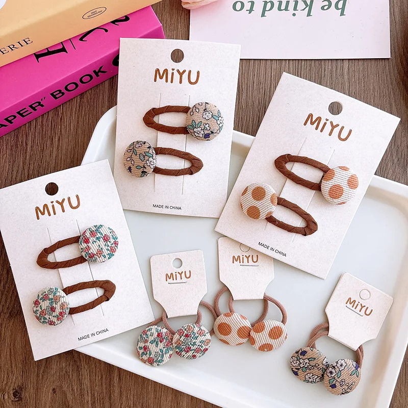 

6/12Pcs Kids Hair Set Latte Color Floral Button Clips + Ties Soft Fabric Girls Daily Chic Combo