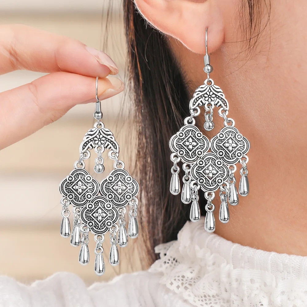 

Silver Color Ethnic Metal Geometric Tassel Earrings for Women Vintage Vacation Hollow Carved Texture Dangle Earrings Jewelry