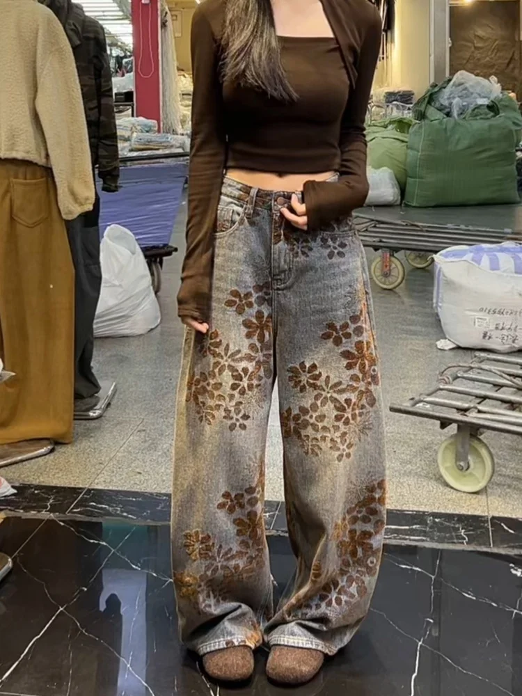 

Retro Embroidered Floral Wide Leg Jeans High Waist Loose Fit Floor Length Straight Cut Casual Spring New Style Women's Denim
