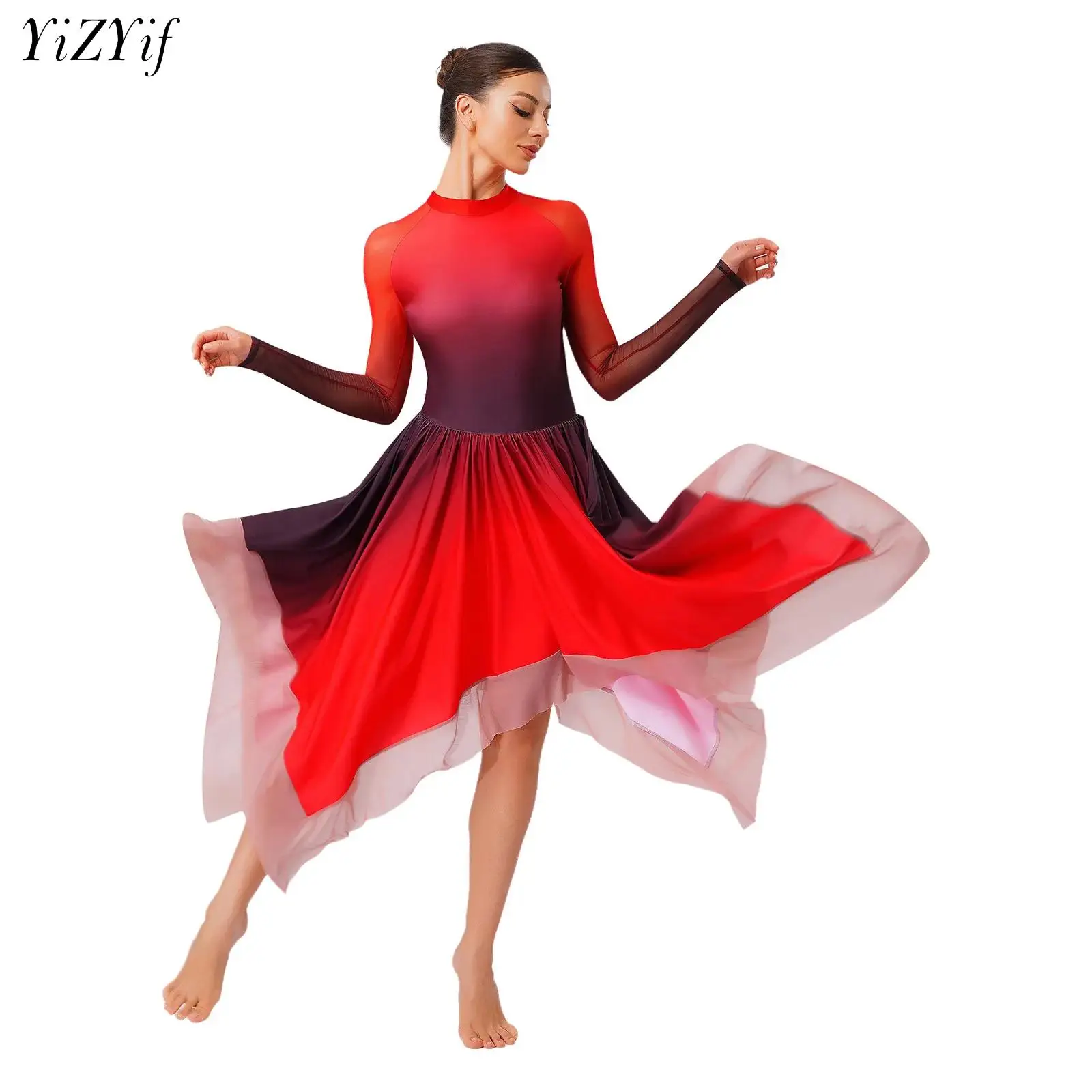 Robe de danse lyrique moderne pour femmes, Costume de spectacle de gymnastique, patinage artistique, maille, manches longues, robes dégradées, justaucorps