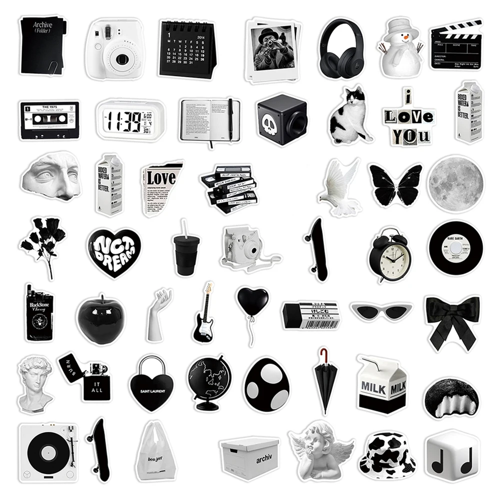 10/30/50pcs Cute Black White Simple Stickers Graffiti Ins Style Cartoon Decals For Suitcase Phone Fridge Skateboard Sticker Toy