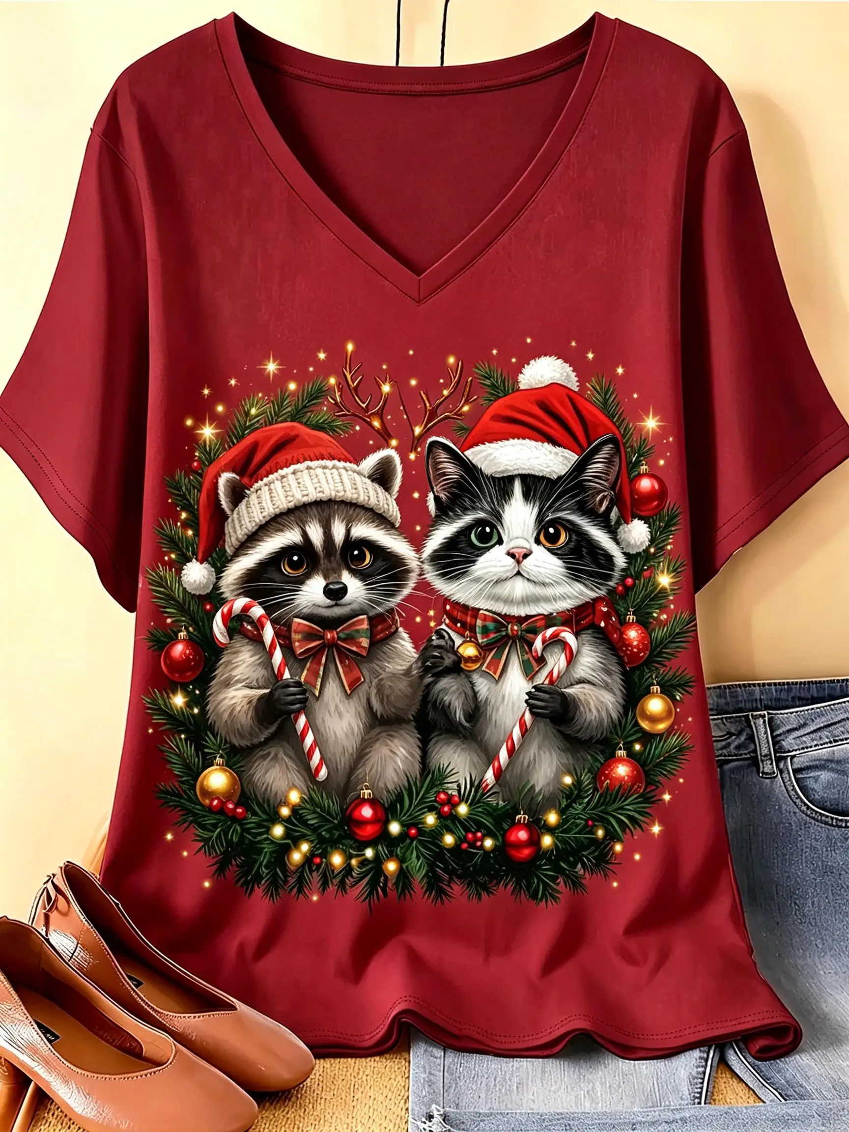 Women V‑Neck Short Sleeve T‑shirt Cute Christmas Animal Graphic Print Snow Xmas Party Casual Daily Tee Top