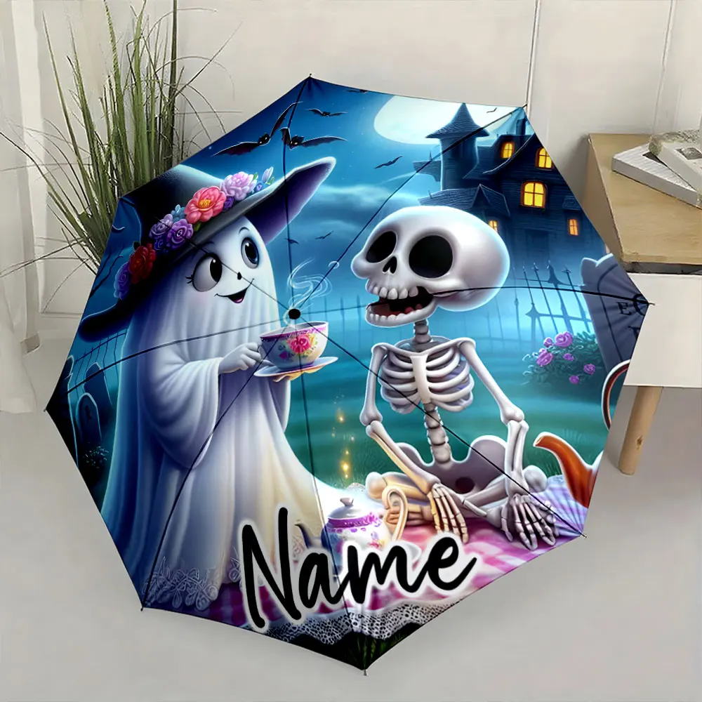 Custom Name  Ghost and Skeleton Tea Party Umbrella Print 8 Iron Ribs Folding Umbrella Auto-Open Fashion Sunshade