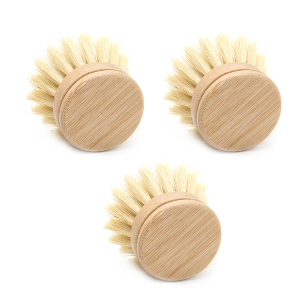 3 Pieces Dish Brush Replacement Heads Bamboo Kitchen Laundry Room