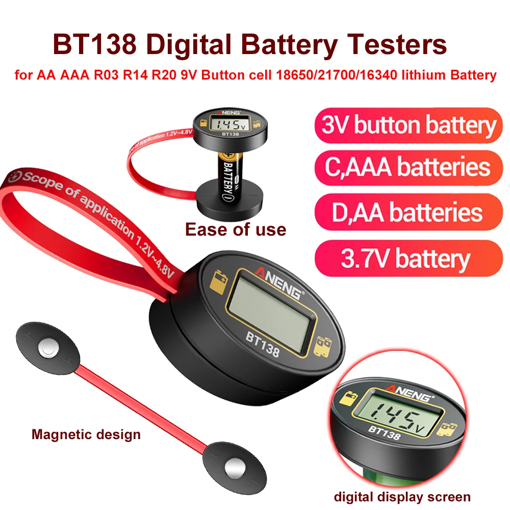 BT138 Digital Battery Testers Magnetic Capacity Detect for AA AAA R03 R14 R20 9V Button cell 18650/21700/16340 lithium Battery