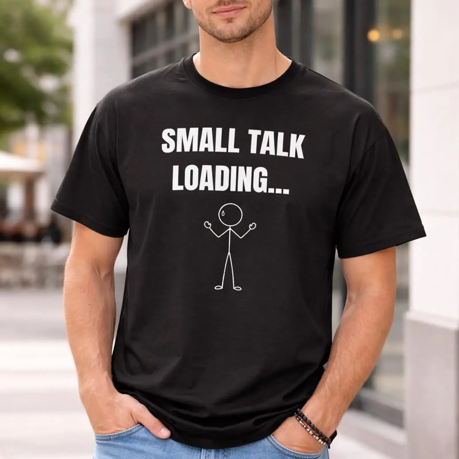 Small Talk Loading T Shirt Black Introvert Funny Minimalist Social Anxiety Stick Figure vintage Washed Top For Everyday Wear