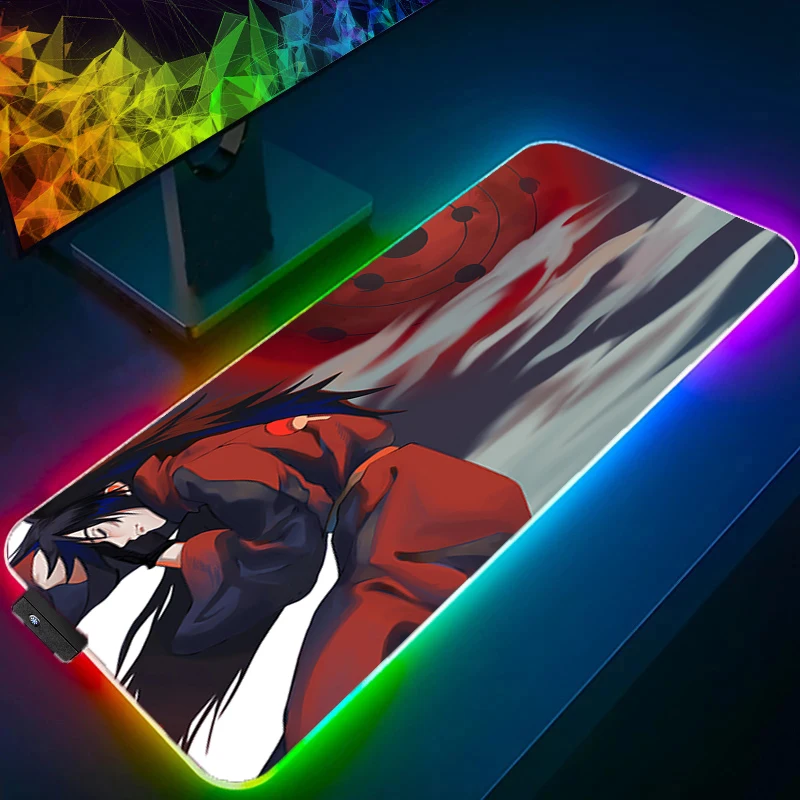 

LED Mouse Pad N-narutoS M-madara U-uchiha Anime Gaming Accessories RGB Mousepad Gamer PC Computer Keyboard Desk Mat Backlight