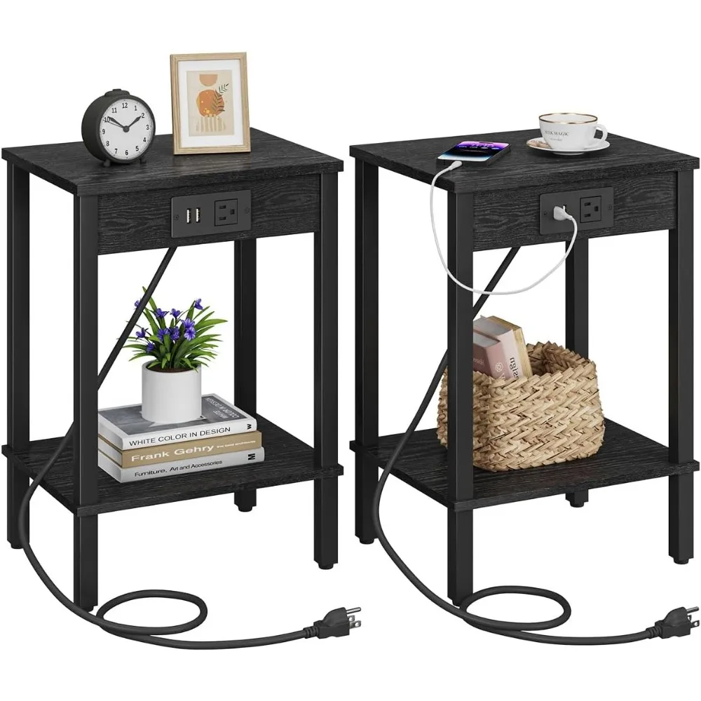 

2 Piece Side Table Set with Charging Station, with USB Port, 2 Tier Storage Shelf Nightstand, Living Room Side Tables Set of 2