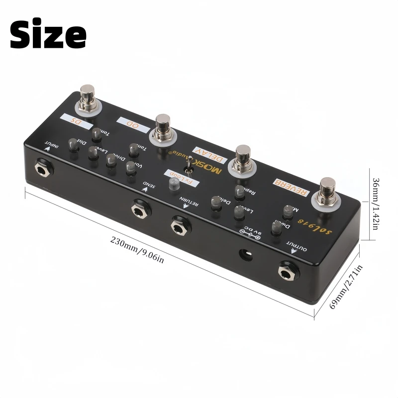 MOSKY Audio SOL918 Multi-Effect Pedal for Guitar, Distortion Overdrive Delay Reverb 5 Effects, FX Loop Metal Shell True Bypass
