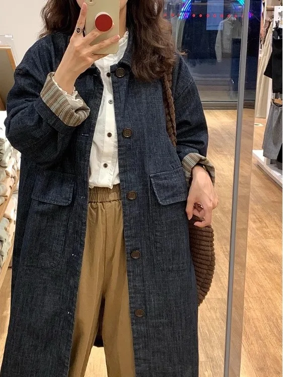 Stylish Mid-Length Blue Denim Style Coat Women's Fashionable Outerwear Autumn Winter Seasonal Large Size Korean Version