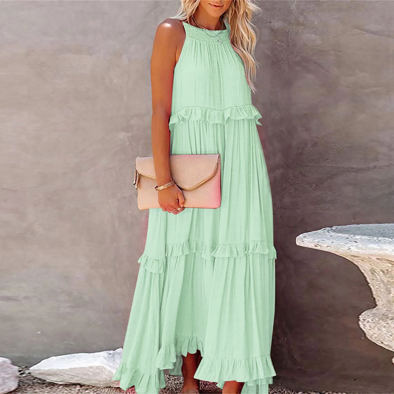 

Women Casual Long Dress Summer Elegant Sleeveless Sundress Elegant Solid Color Ruffles Maxi Skirt Beach Party Evening Dresses