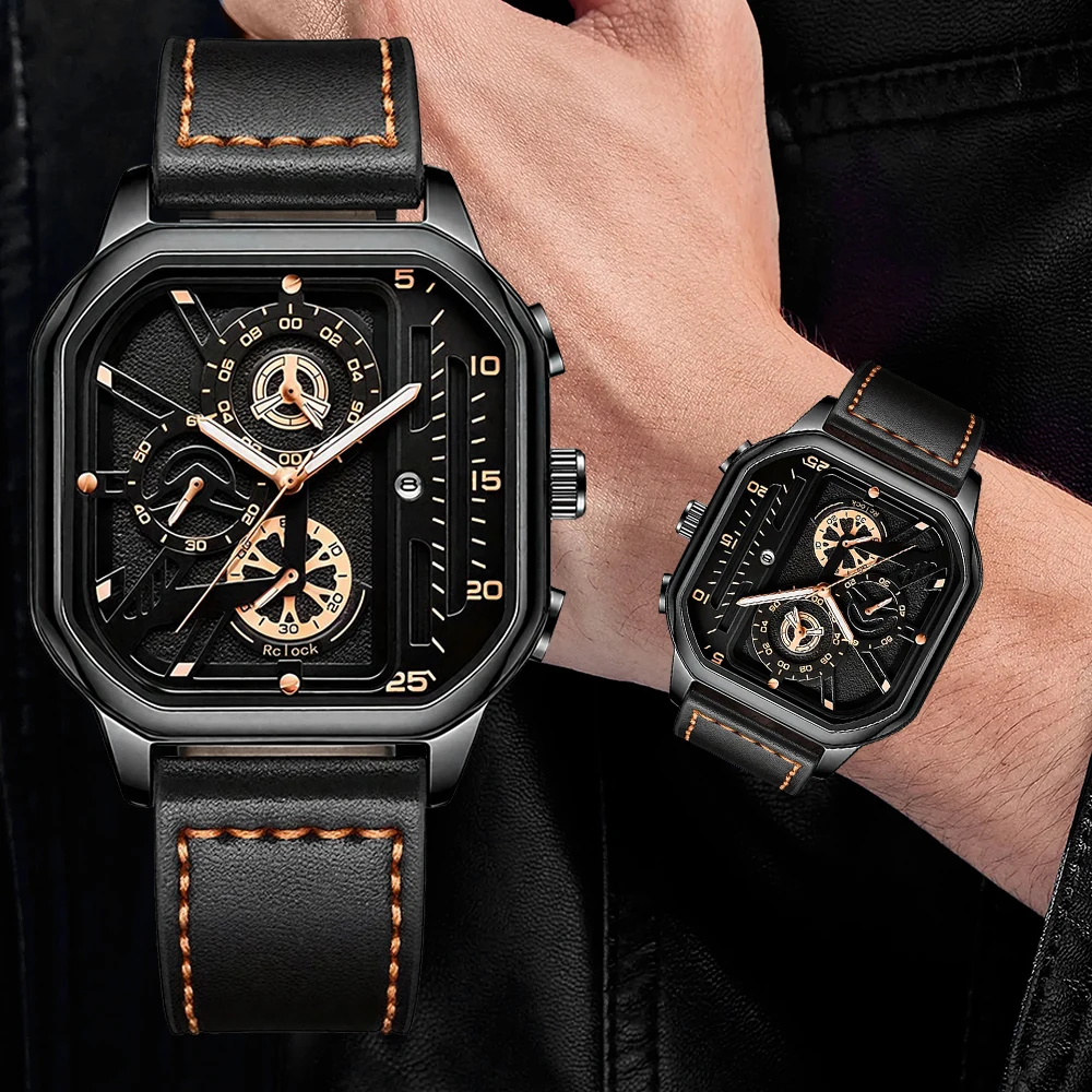 Men Quartz Watches Alloy Dial Business Men Watch PU Leather Strap Big Dial Square Sports Watch Cool Black Wristwatch for Man