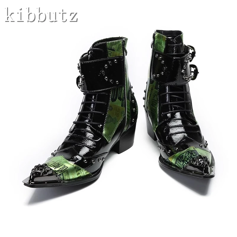 Fashion Winter Men Genuine Leather Chelsea Boots Green Prints Metal Pointed Toe Rivets Buckle Design Man Leisure Ankle Boots