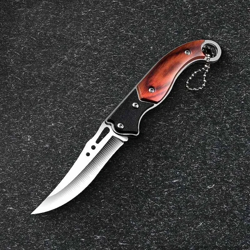 Kitchen Stainless Steel Fruit Knife Sharp Pocket Folding Knife with Keychain Wood Handle Paring Knives Cutting Kitchen Tool