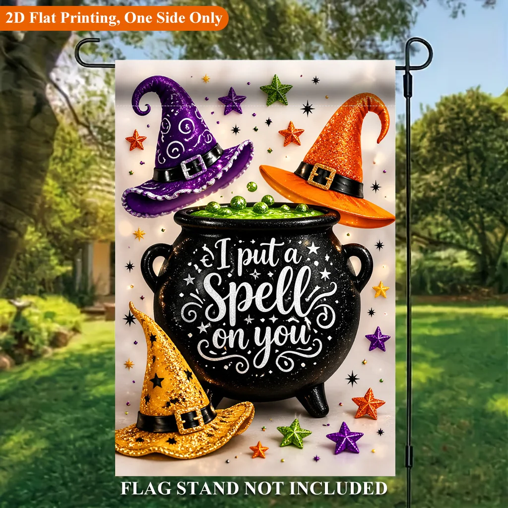 2D Flat - 2D Flat, 2D Flat Printing Garden Flag 1pc, Witch Hat and Cauldron Single-Sided Polyester Garden Flag, Holiday Yard Banner, for Outdoor Home, Yard Decor, Seasonal Festival Yard Outside Decorative Flags, Flagpole Not Included (Flag Solely)