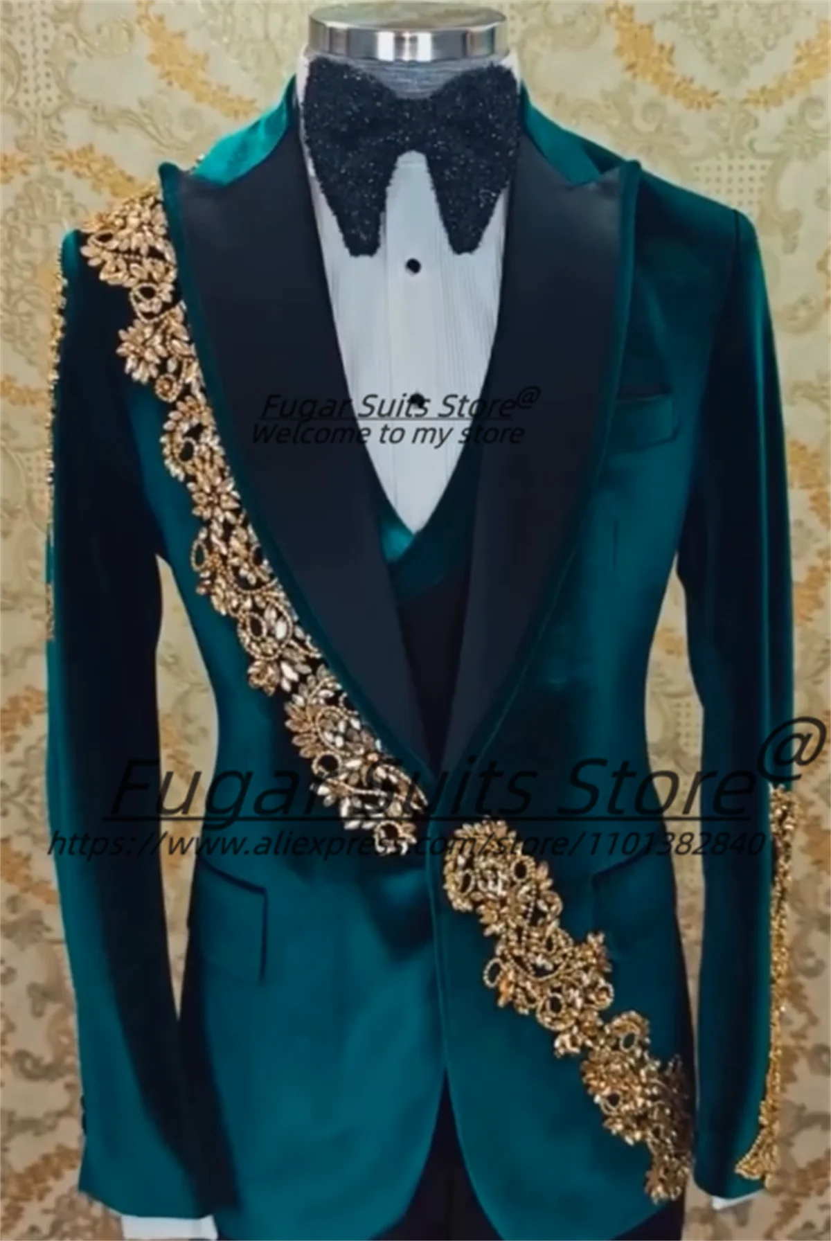 

Elegant Green Velvet Men Suits Customized Shiny Diamond Groom Wedding Tuxedos Slim Fit Peak Lapel 3 Pieces Sets Costume Homme