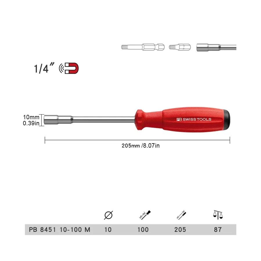 PB SWISS TOOLS Swiss Original Bit Socket 1/4 Screwdriver Handle with Strong Magnet PB 8451