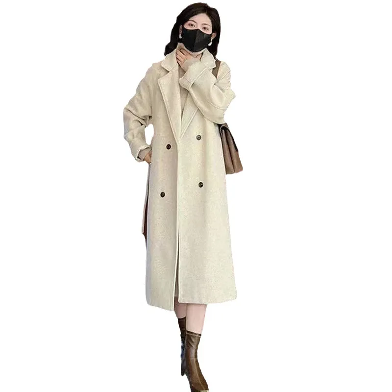 Women's Wool & Blends Long Coat in 2024 Winter, Loose Fit with Chic Single Item Fashion, Thick and Warm with Added Cotton。