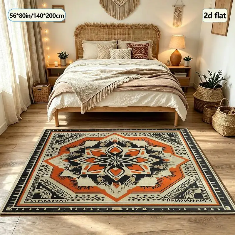 Bohemian Style Mandala Carpet Floor Mat Retro Square Carpet Non-Slip Decorative Floor Mat for Home Use