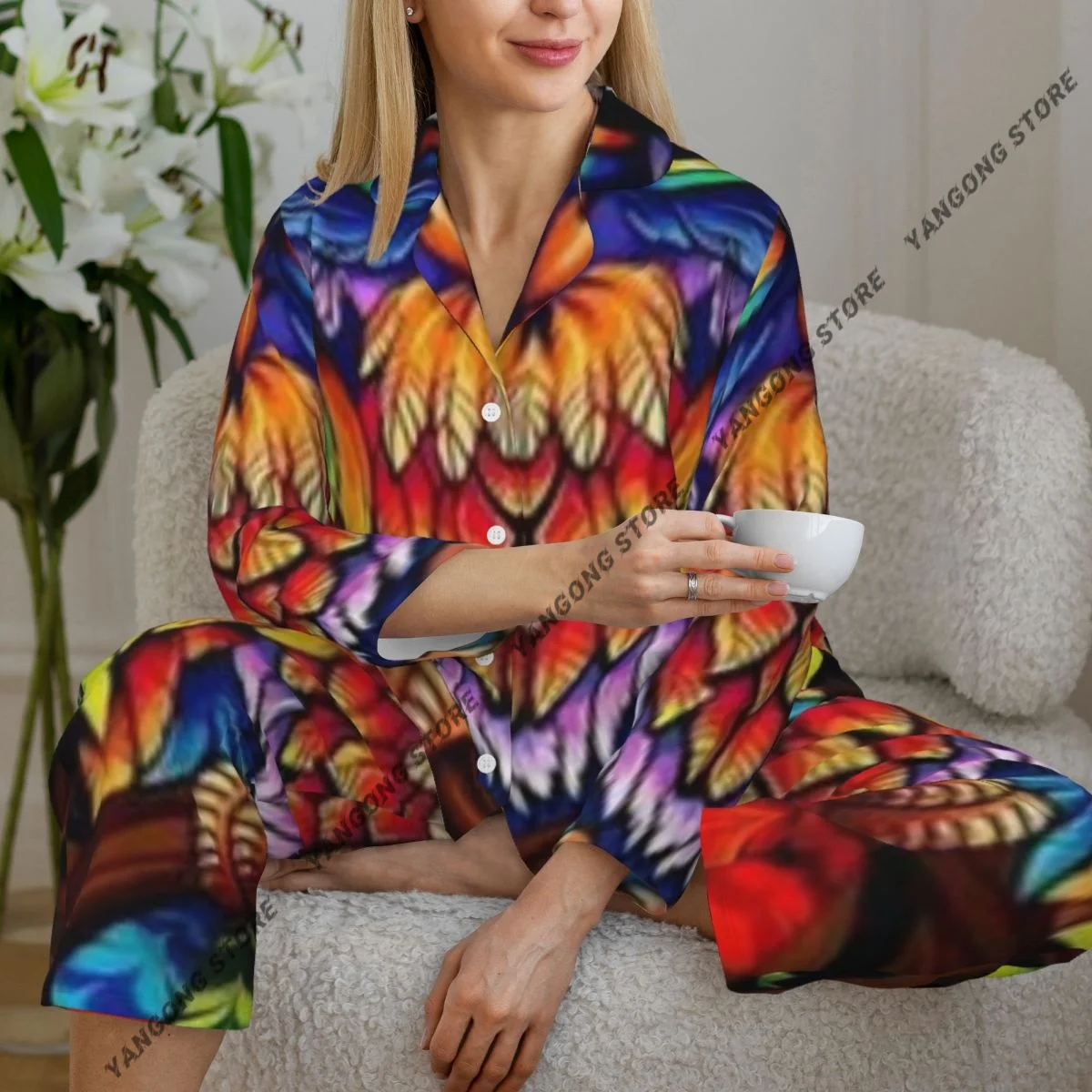 

Women Sleepwear Loungewear A Colorful And Owl Long Sleeve Lapel Neck Shirt and Elastic Waist Pants Pajamas Set