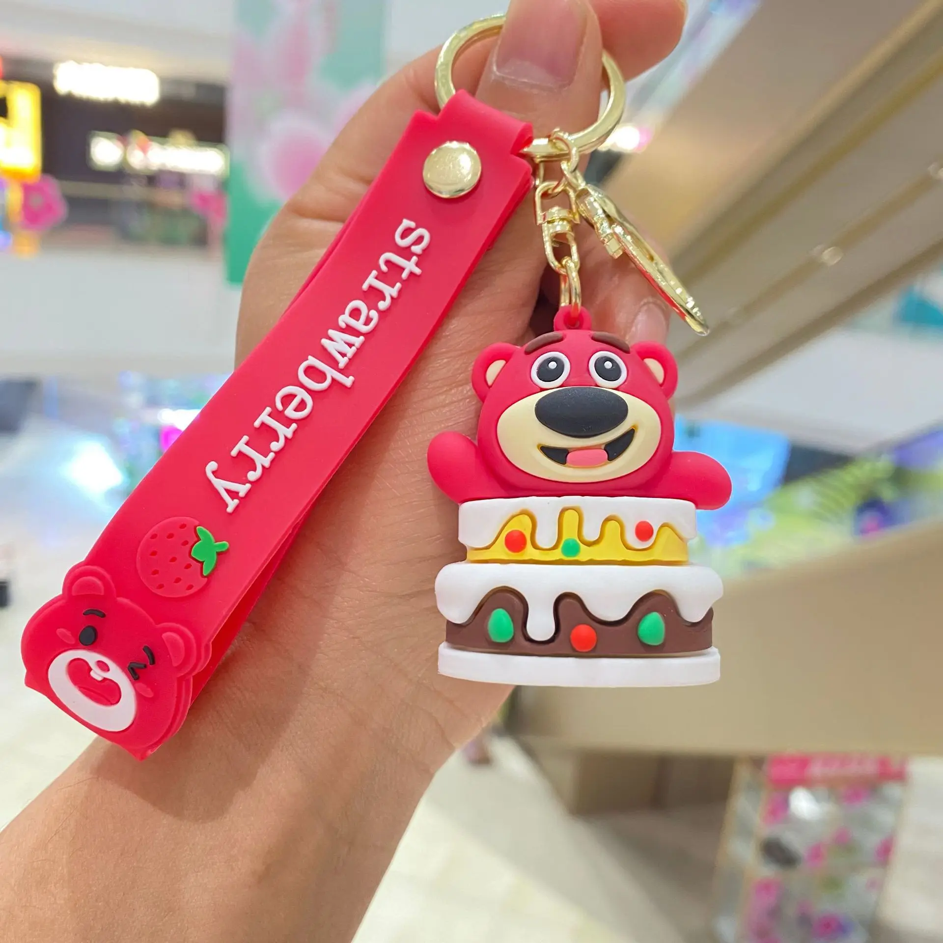 Anime Toy Story Strawberry Bear Lotso Keychain Figure Cosplay Cartoon Bag Pendant Keyring Collectible Model Jewelry Key Chain