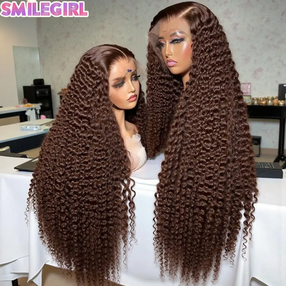 Chocolate Brown Deep Wave Colored 13X6 Hd Lace Front Wig Human Hair Pre Plucked 260 Density Curly 13X4 Transparent Lace Frontal Wig For Black Women 28 30 36 Inch 10A Brazilian Virgin Human Hair Wigs Brown Pre Bleached Human Hair Wigs With Baby Hair