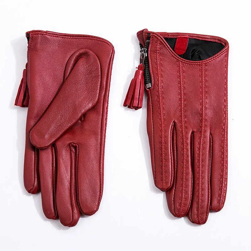 Luvas femininas moda couro genuíno luvas de pele de cabra feminino borla zip design curto dedos completos touchscreen nova primavera tb80