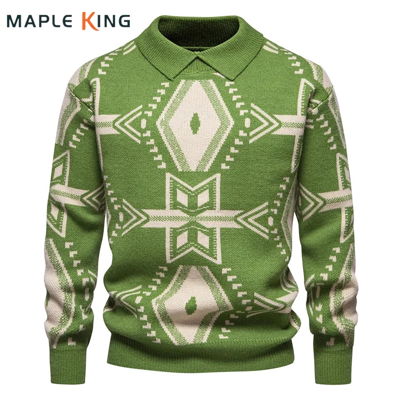 Geometric Knitted Sweater Men Pullovers Sueter Masculino Luxo 2024 Autumn Winter Vintage Warm Turn Down Collar Ugly Sweat Hommes