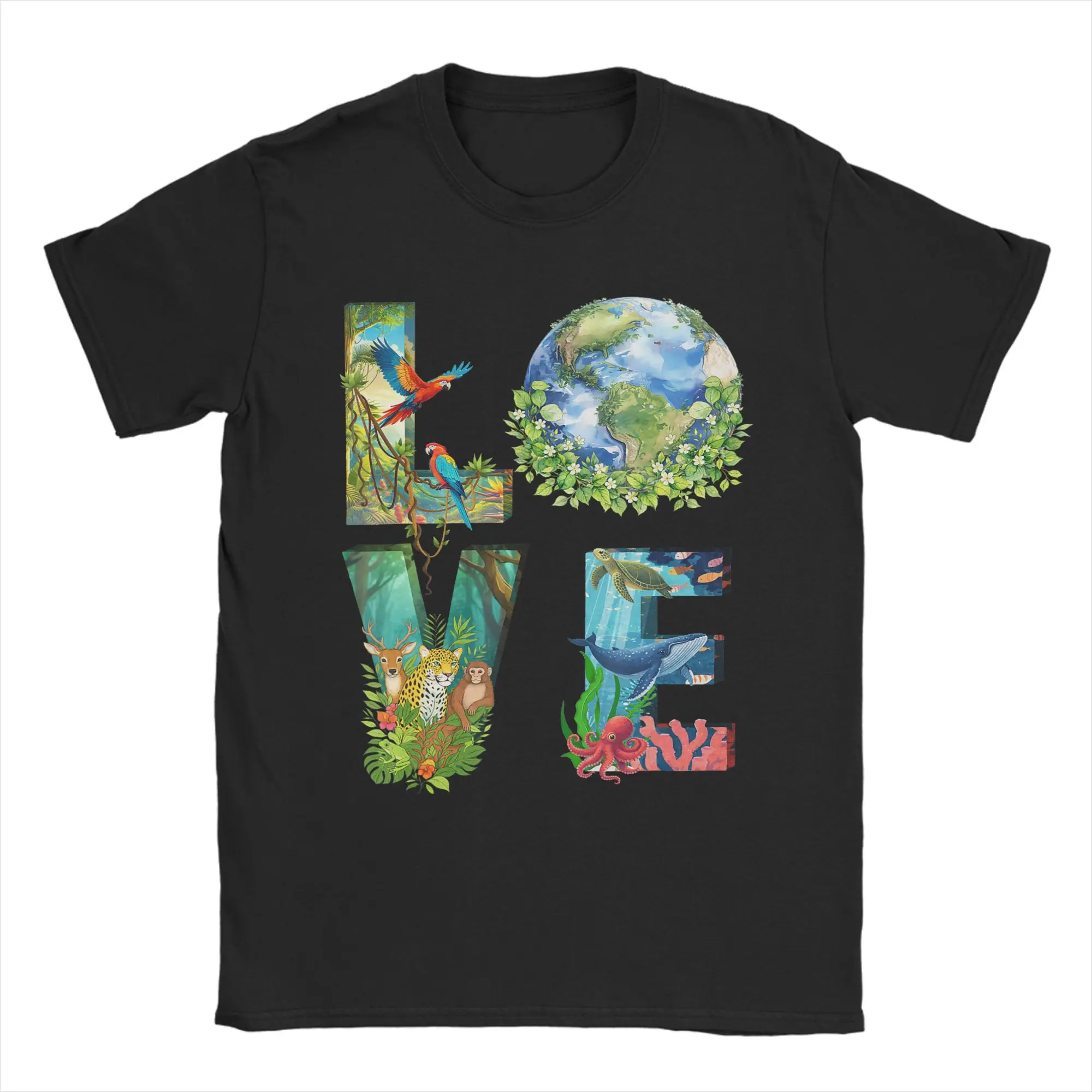Earth Love Power Peace World T Shirts for Men Cotton Funny T-Shirts Crewneck  Tee Shirt Short Sleeve Tops Unique