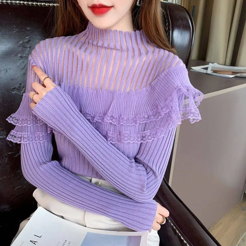 Mesh Splicing Knitted Sweater 2024 New Autumn Winter Elasticity Slim Turtleneck Sweater Long Sleeve Office Lady Elegant Shirt