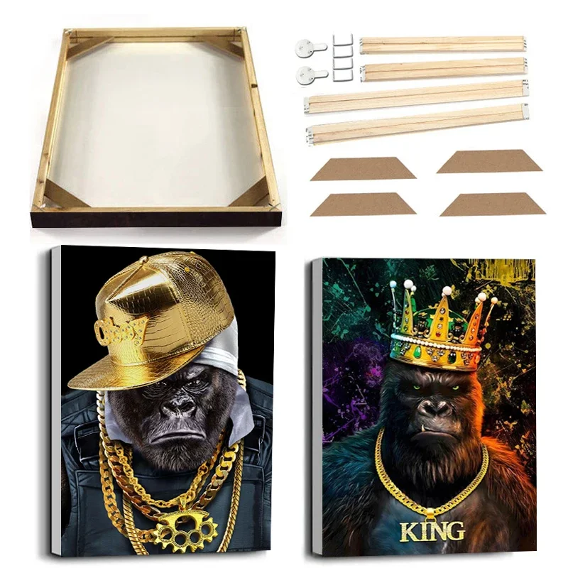 Cool Chimpanzee Wall Art Picture With Frame Canvas Print Golden Crown King Street Hip Hop Hat Monkey Poster Animal Painting Home