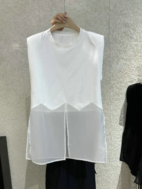 

Shoulder Pad T-Shirt Women's Mid-Length Splice Ogees Summer New Fashion Small Shirt Upper Body Tagkita Commute Style Straight