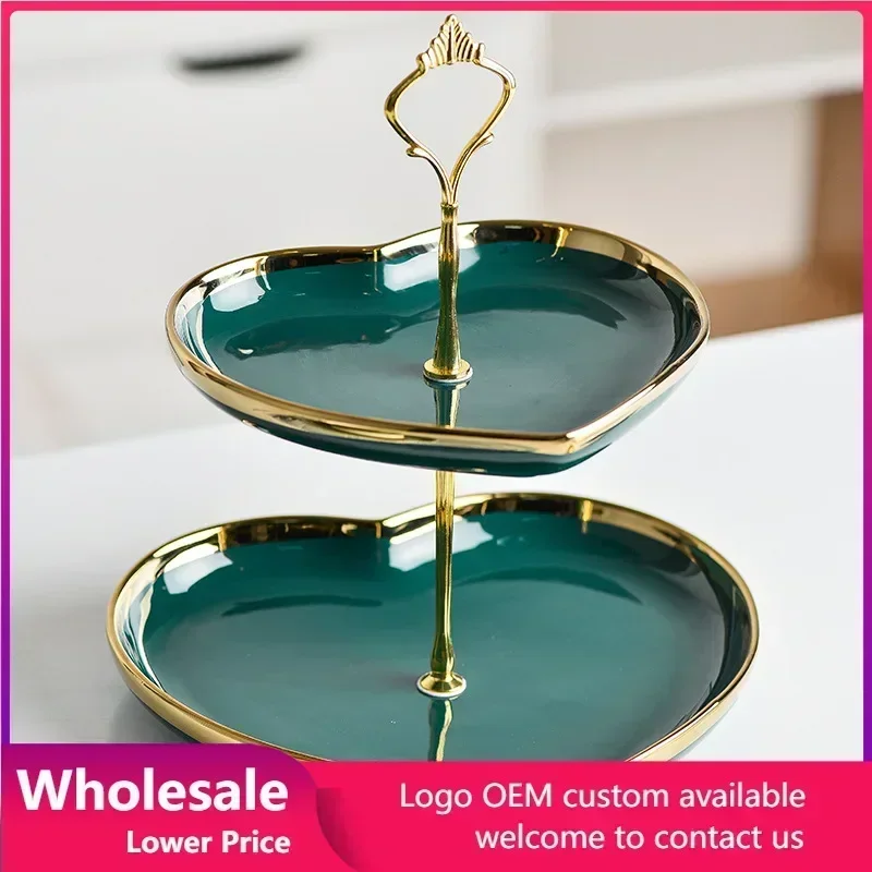 Snack Tray Organizer Biscuit Candy Rack Display Stand Green Double-layer Fruit Plate Ceramic Cabinet Decoration