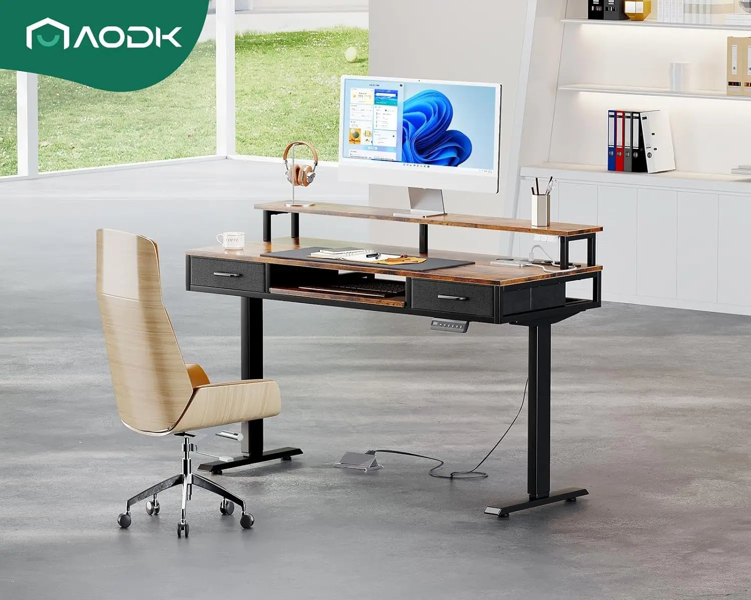 AODK Electric Standing Desk with Drawers & Keyboard Tray, 55 Inch Height Adjustable Desk with Power Outlets & LED Lights,