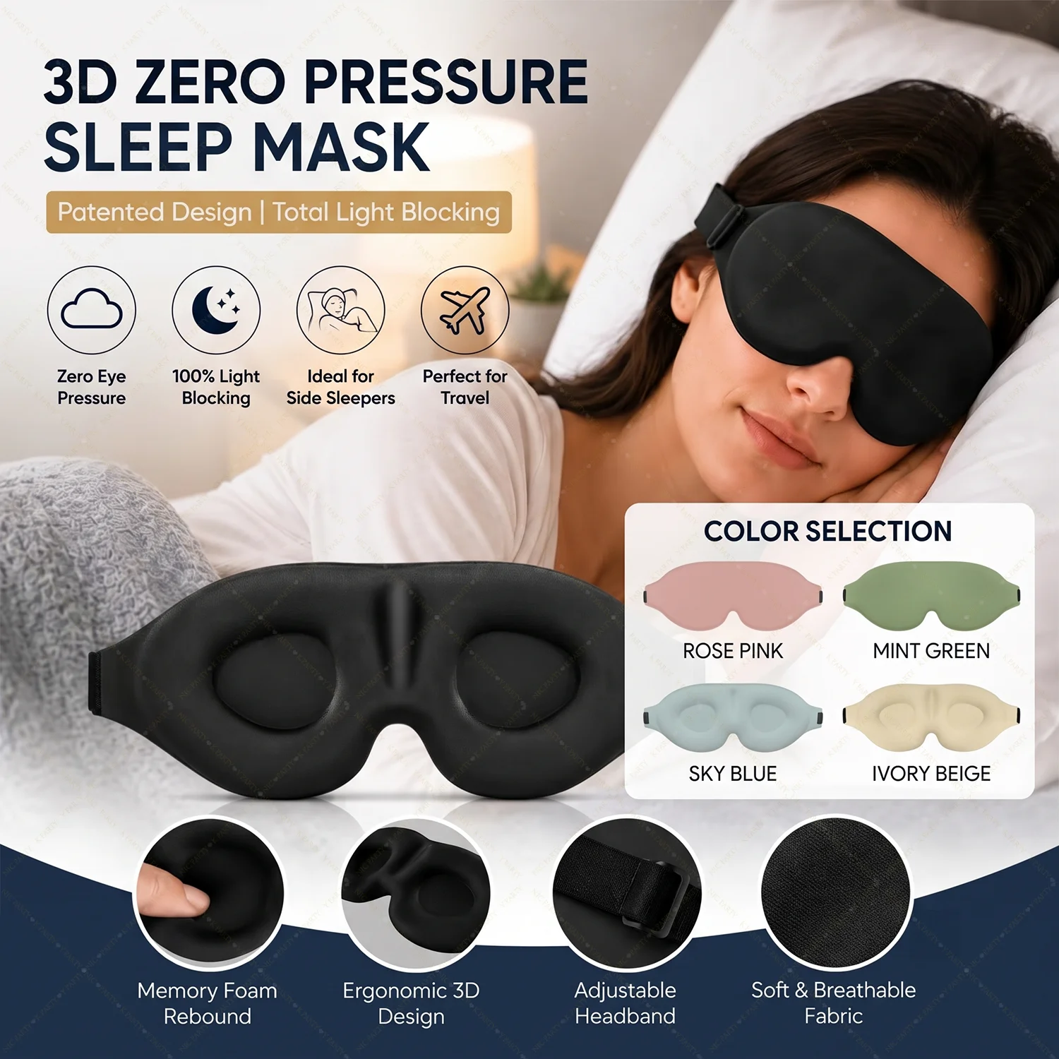 3D Unisex Eye Contoured Sleep Mask Groove Molded Memory Foam Light Blocking Eyemask Soft Comfortable Car Office Travel Yoga Nap