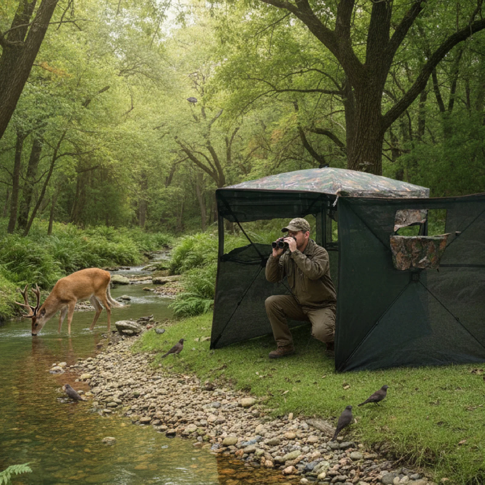 Refugio de Caza Plegable con Camuflaje, Fácil de Instalar, Refugio Terrestre para Exteriores con Almacenamiento para la Temporada de Caza de Ciervos, Pavos y Patos