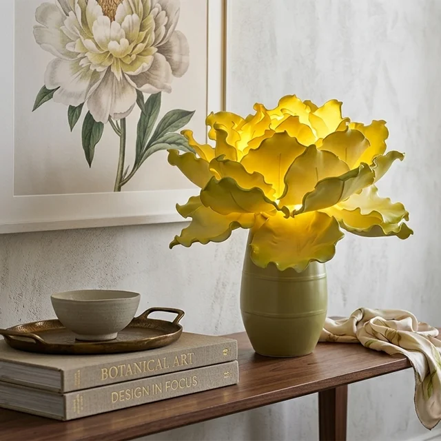 Elegant Simple Contemporary Floral Table Light Base Yellow Peony Design Decorative Lamp for Living Room Bedroom Home Decor Gift
