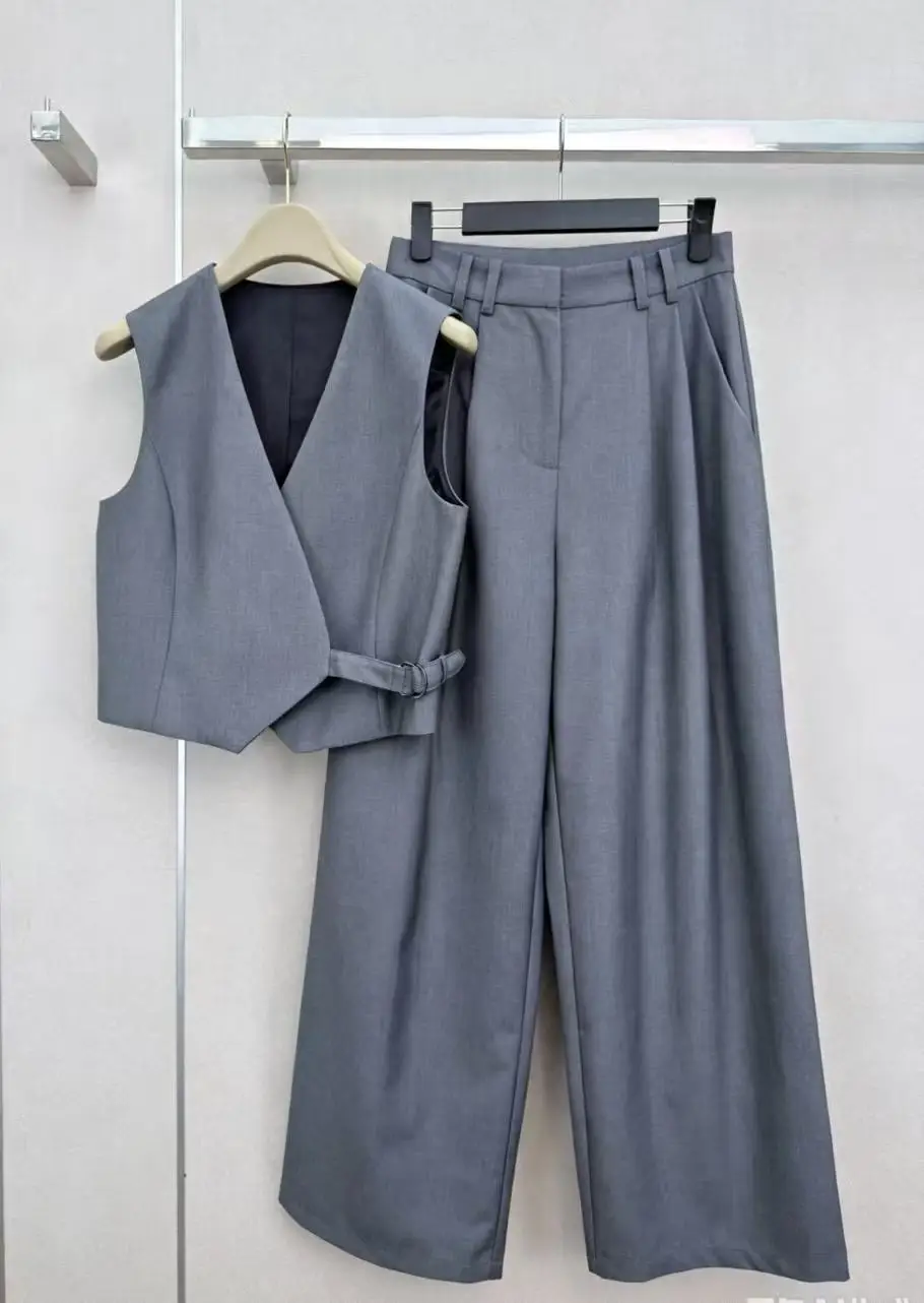Two-Piece Tailored Outfit Cropped V-Neck Waistcoat + High Waist Wide Leg Trousers Women Formal Suit