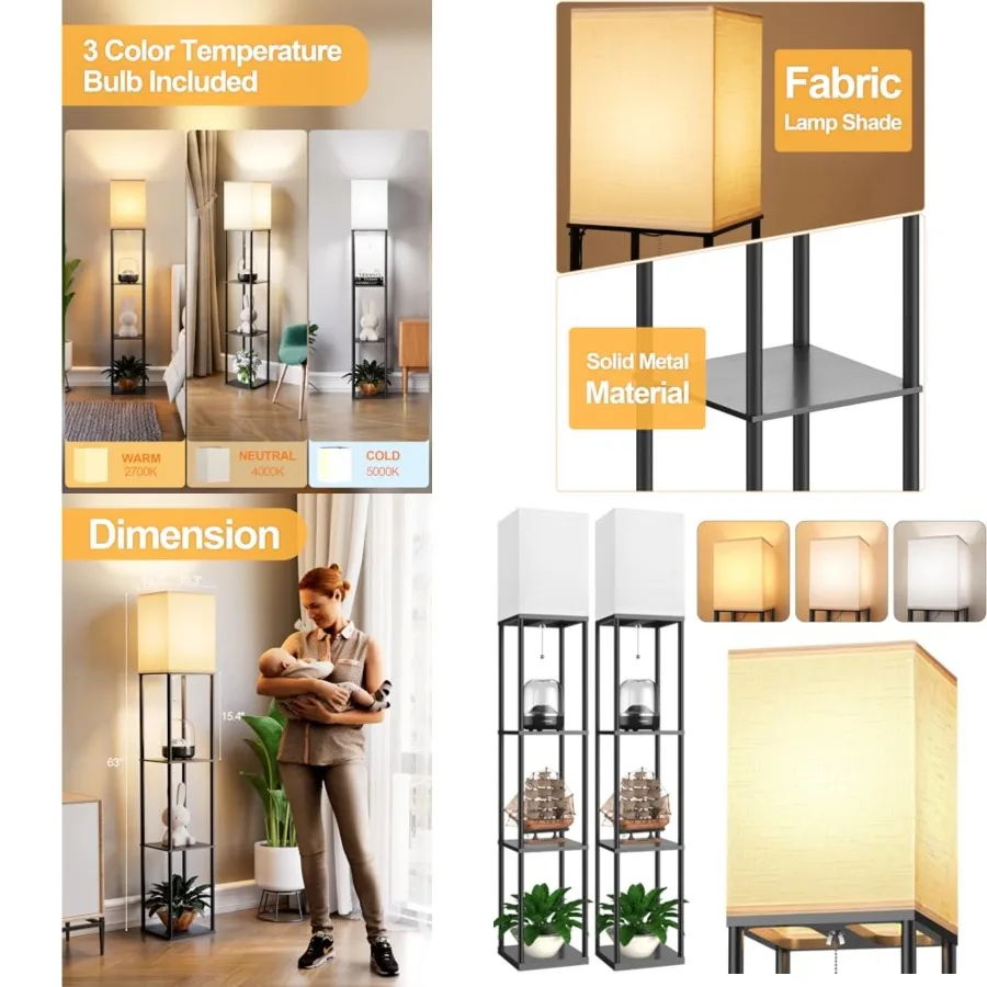 

Floor Lamp with Shelves for Living Room 2 Pack, Shelf Floor Lamp with 3 CCT LED Bulb, Corner Display Standing Column Lamp Etage