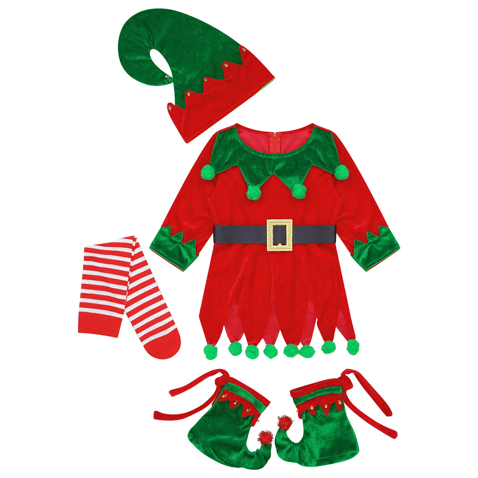 Costumes de cosplay d'elfe de Noël pour enfants, velours rouge, manches longues, garniture dentelée, robe, ceinture, chapeau d'elfe, bas rayés, chaussures, fête, trempé, nouveau