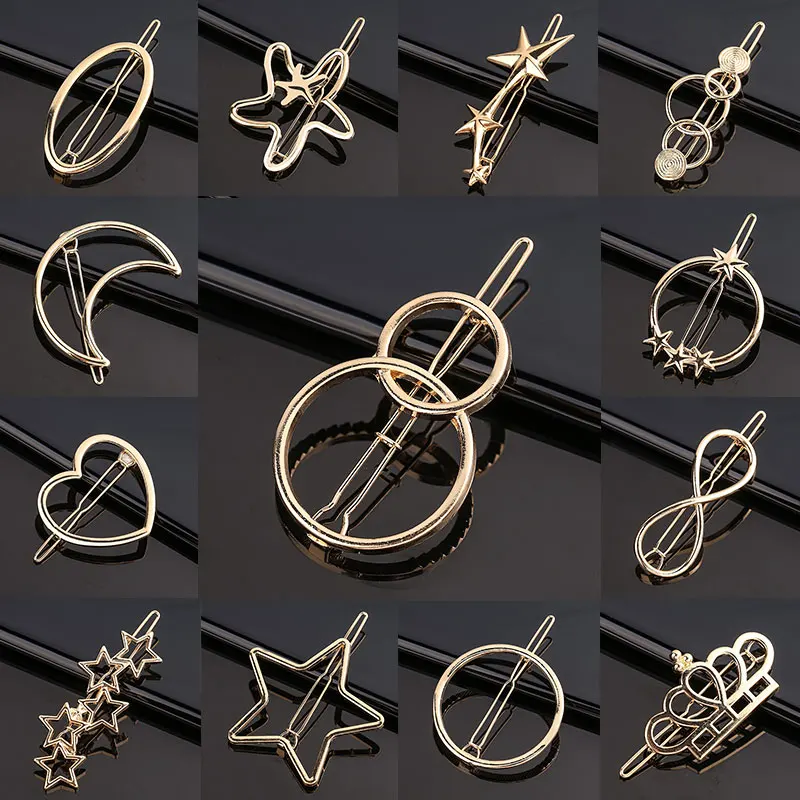 Metal Frog Clip Triangle Moon Hairpin Word Clip Elegant Star Round Barrette For Women Girls Alloy Ladies Hair Accessories ???