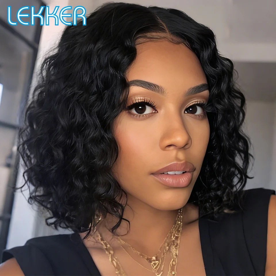 

Lekker Clearance Black Short Deep Curly Bob Middle Part T Lace Front 100% Human Hair Wigs For Women Brazilian Remy Hair Wigs