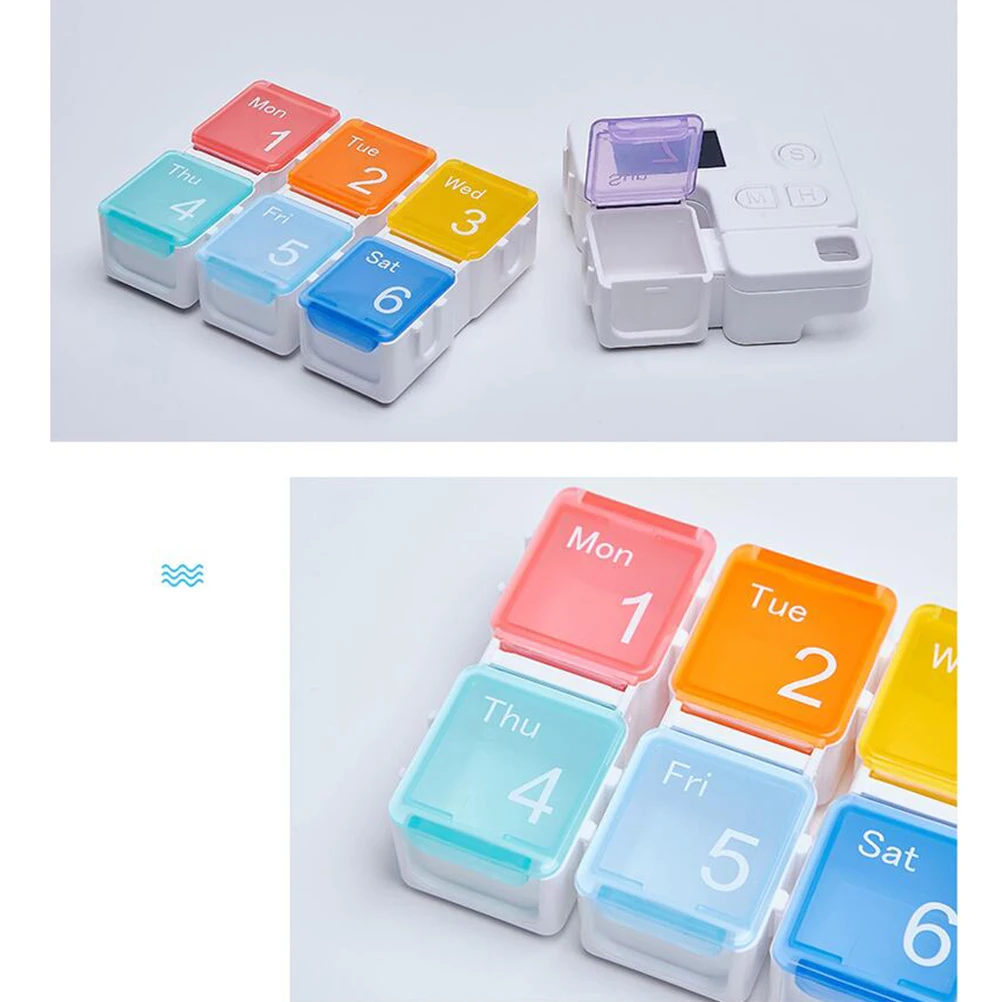 

7-дневный еженедельный органайзер для таблеток, красочный ящик для хранения планшетов с дисплеем времени и сигнализацией для напоминания о лекарствах пациента, домашних путешествий