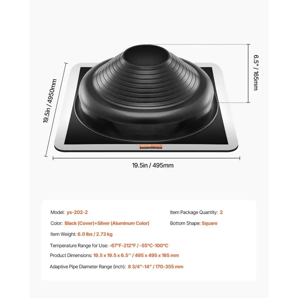 2PcsMetalRoofPipeFlashingBootsfor6-3/4to14PipeHighTempBlackEDPM