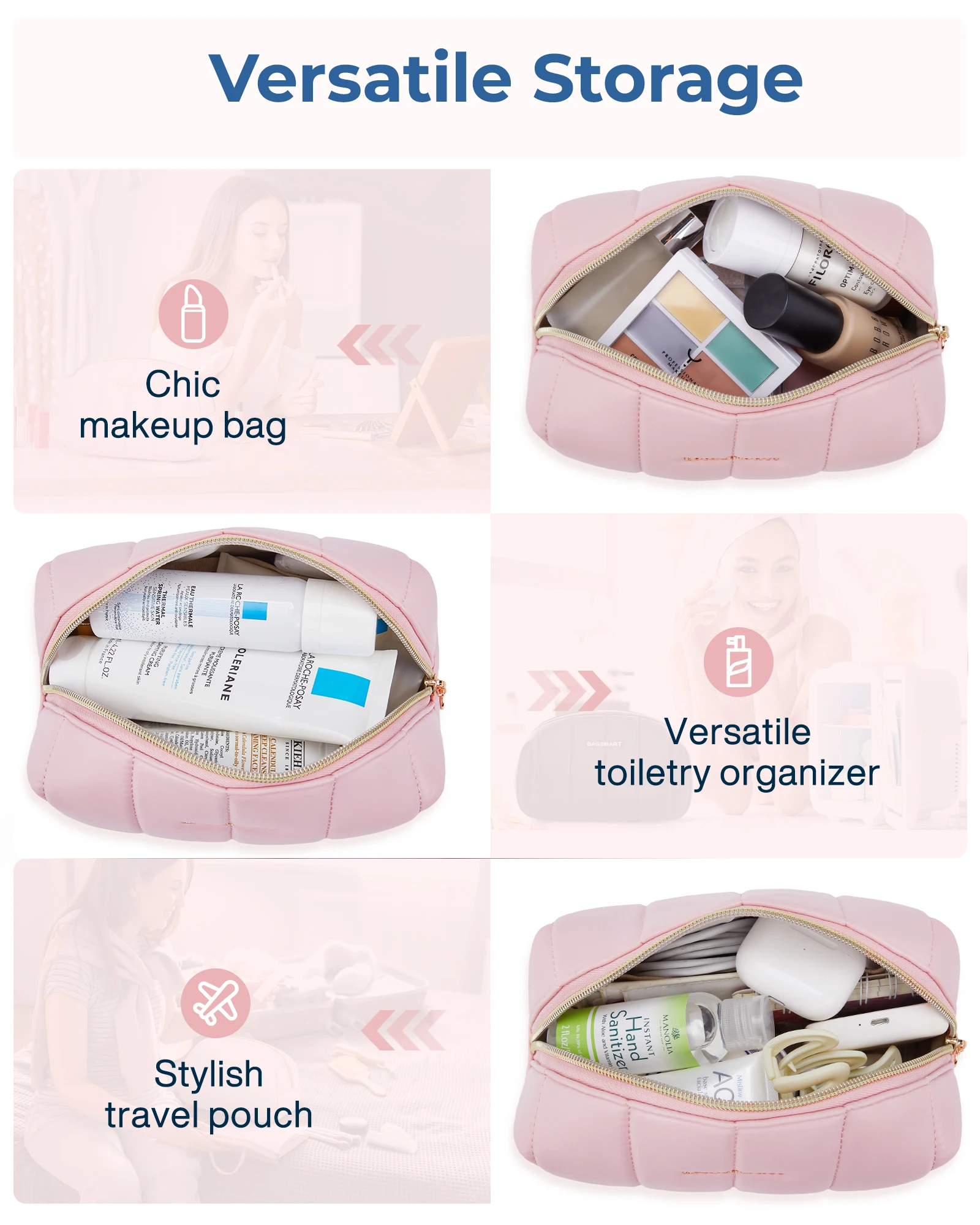 BAGSMART PU Leather Makeup Bag Travel Toiletry Organizer Pouch For Toiletries Accessorie Brushe Women Cute Portable Cosmetic Bag