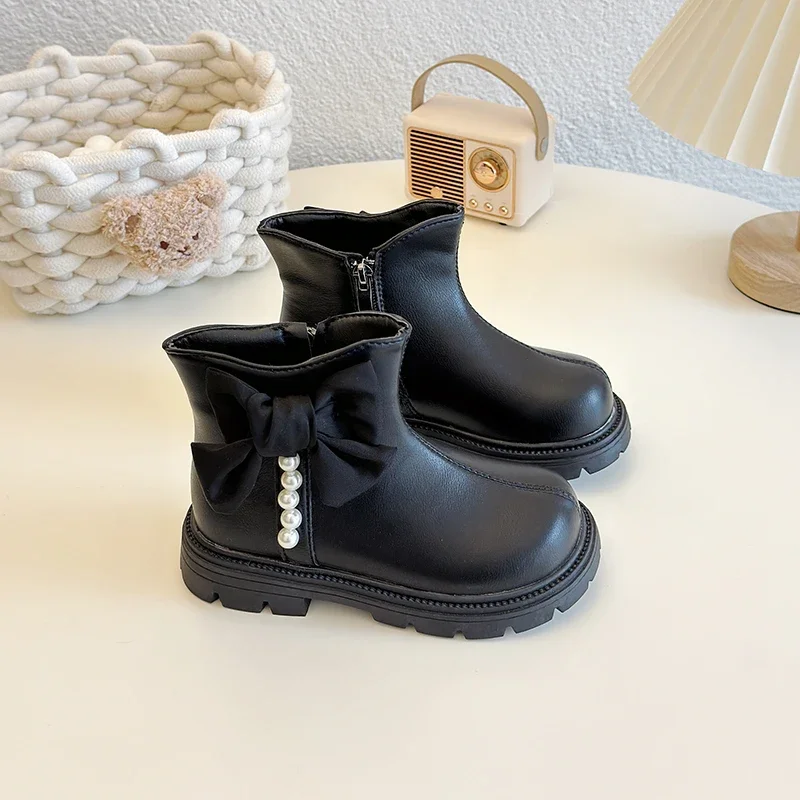 Novo inverno crianças botas para a menina doce bowknot princesa moda bege tornozelo botas elegantes versáteis botas de algodão causal das crianças