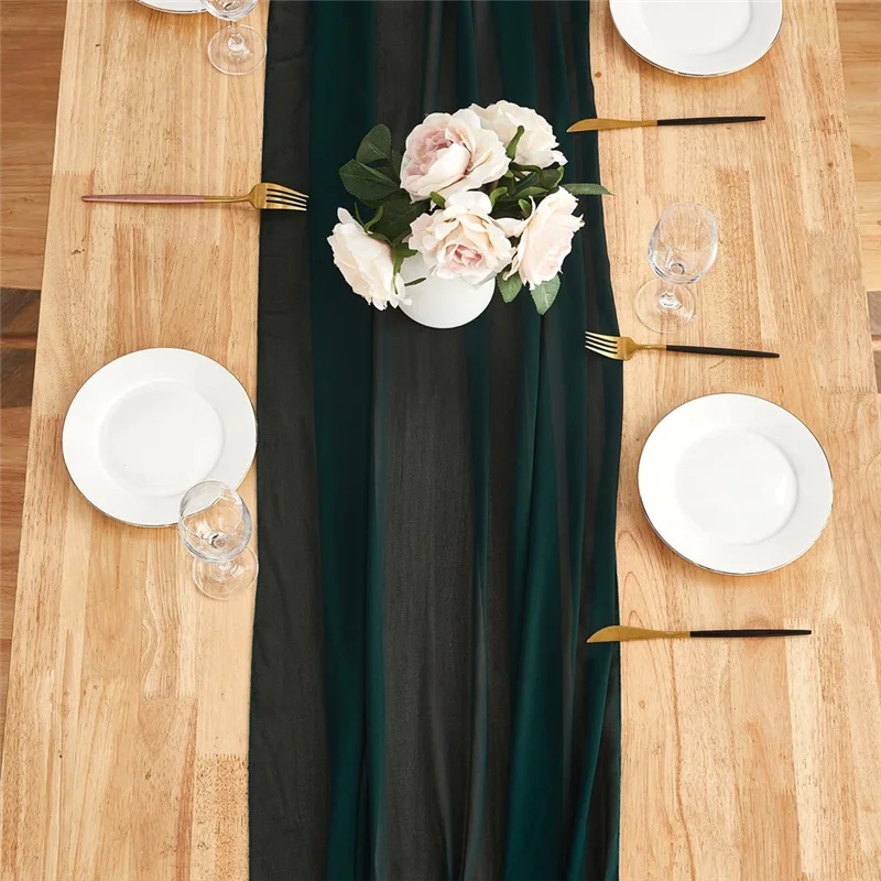 Toalha de mesa de gaze 30x300cm, decoração de mesa para festas românticas, toalha de mesa de chiffon verde escuro