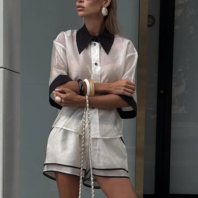 Spring Color Blocking Perspective Suit Women Lapel Short Sleeves Shirt+high Waist Loose Wide Leg Shorts Autumn Two Piece Set