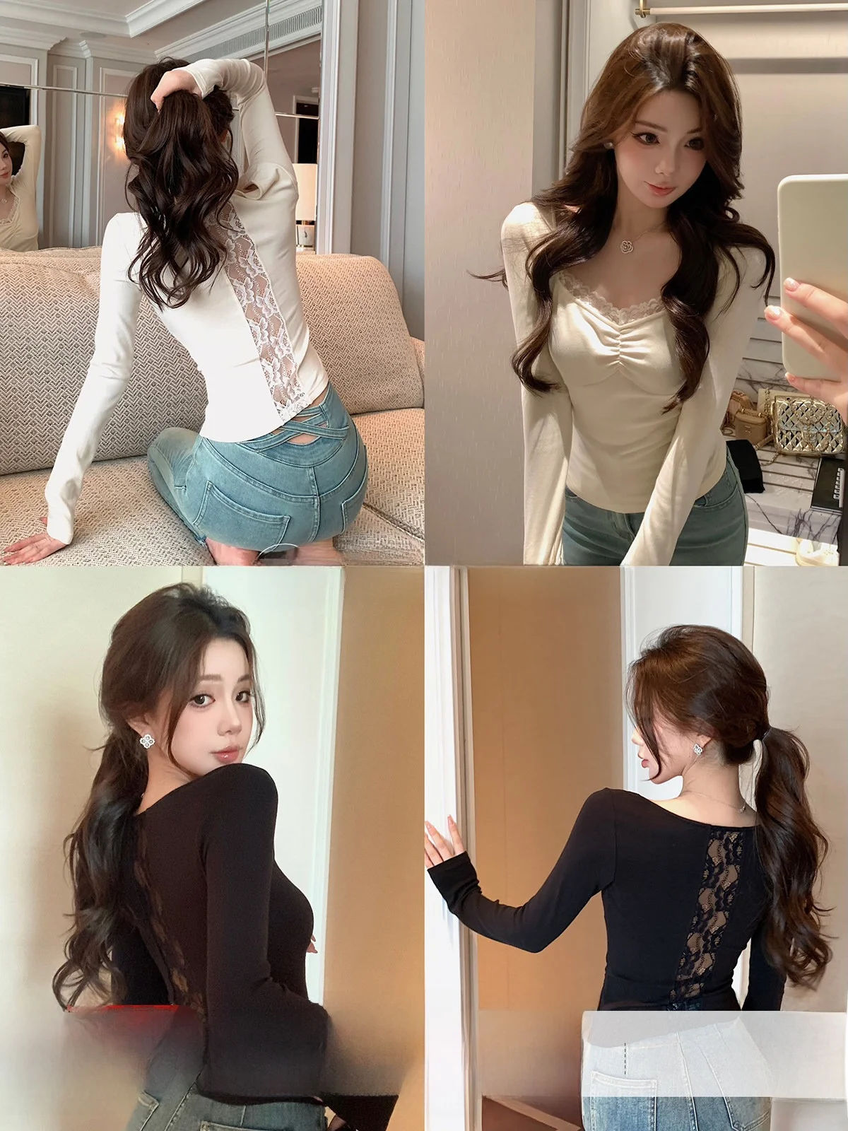 

Qiu Rou Yao Lace Knitted Top Women's Slim Fit V-Ne Long Sve Transparent Design Commute Sle Spring New Arrival Pure Desire